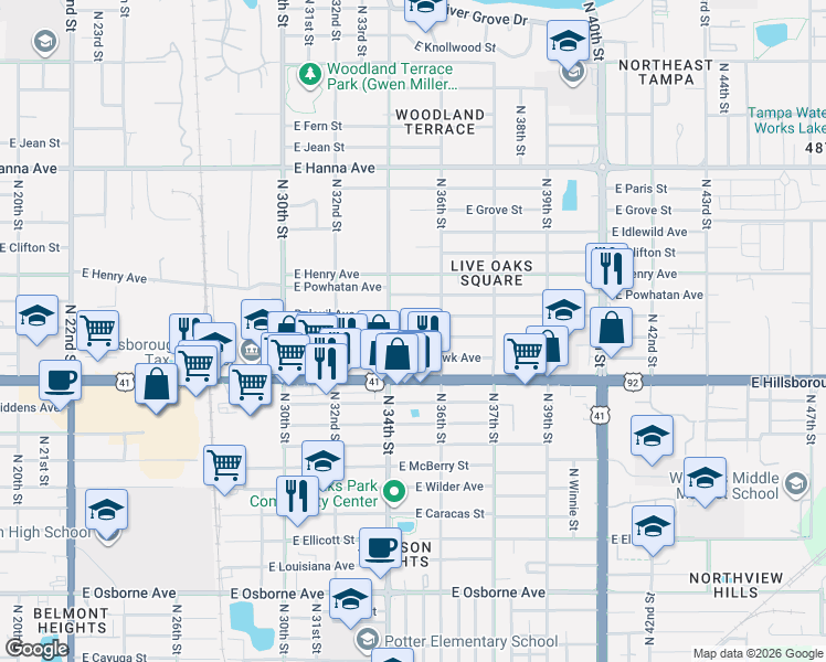 map of restaurants, bars, coffee shops, grocery stores, and more near 3414 East Comanche Avenue in Tampa