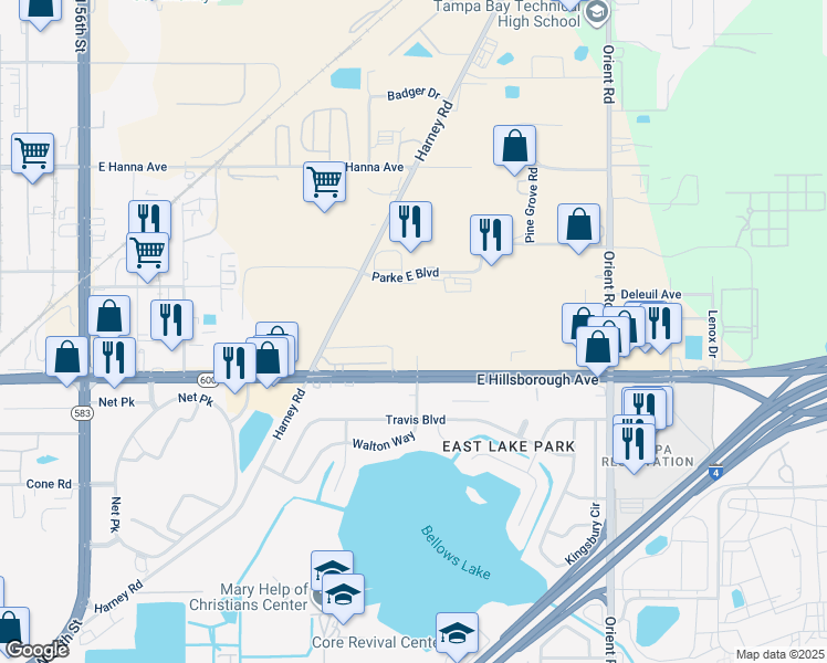 map of restaurants, bars, coffee shops, grocery stores, and more near 6536 East Hillsborough Avenue in Tampa