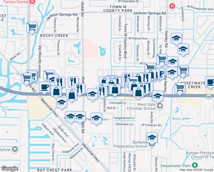 map of restaurants, bars, coffee shops, grocery stores, and more near 8014 West Comanche Avenue in Tampa