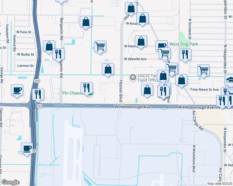 map of restaurants, bars, coffee shops, grocery stores, and more near 5406 Hoover Boulevard in Tampa