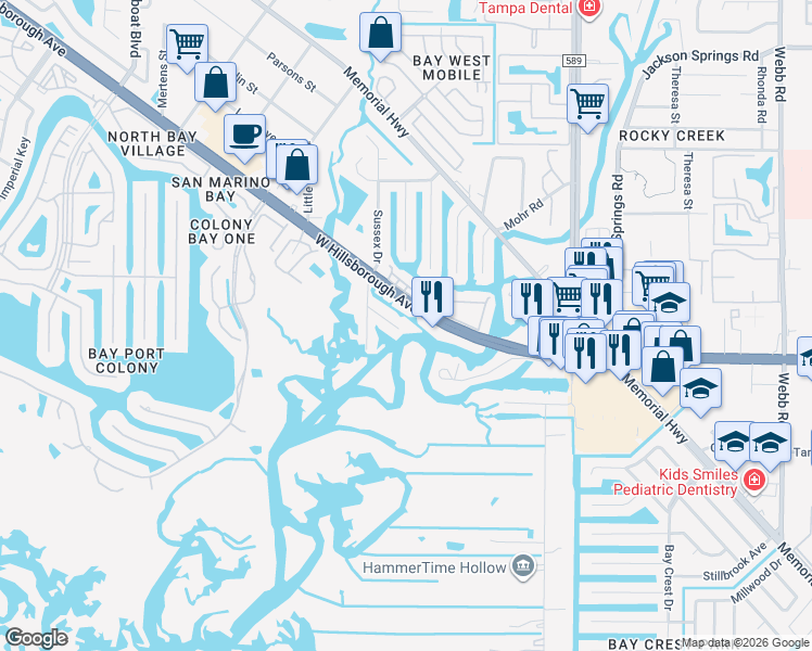 map of restaurants, bars, coffee shops, grocery stores, and more near 9103 Brunswick Lane in Tampa
