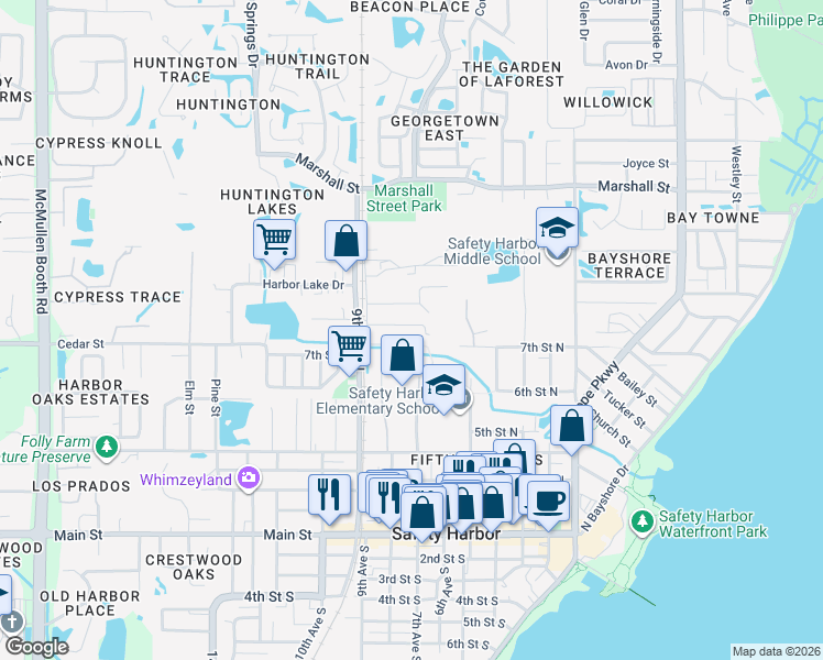 map of restaurants, bars, coffee shops, grocery stores, and more near 704 Butler Street in Safety Harbor