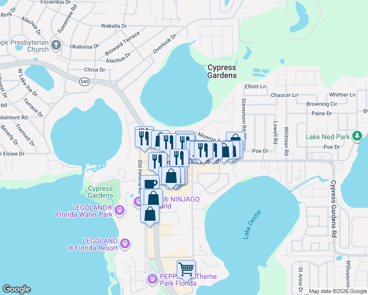 map of restaurants, bars, coffee shops, grocery stores, and more near 86 Tyler Road in Winter Haven