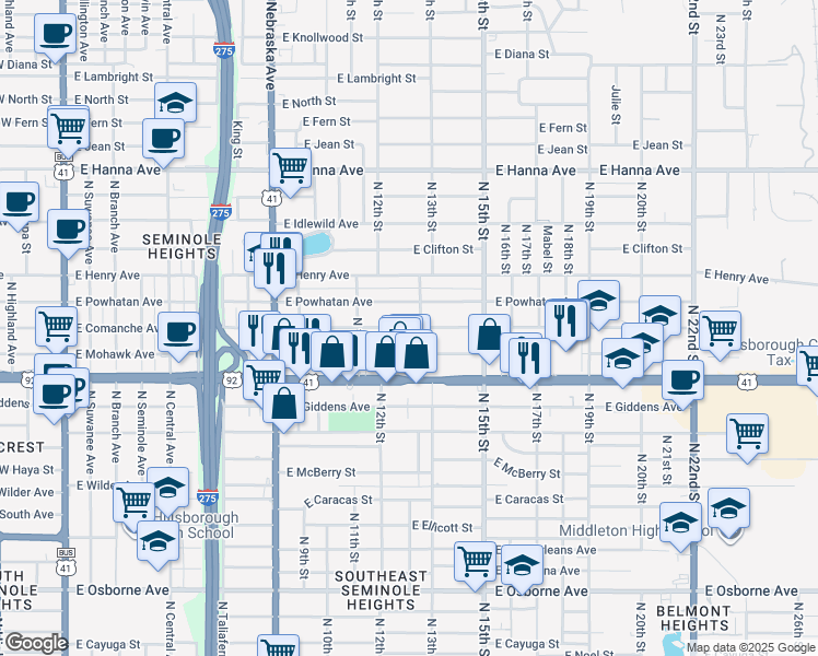 map of restaurants, bars, coffee shops, grocery stores, and more near 1225 East Comanche Avenue in Tampa