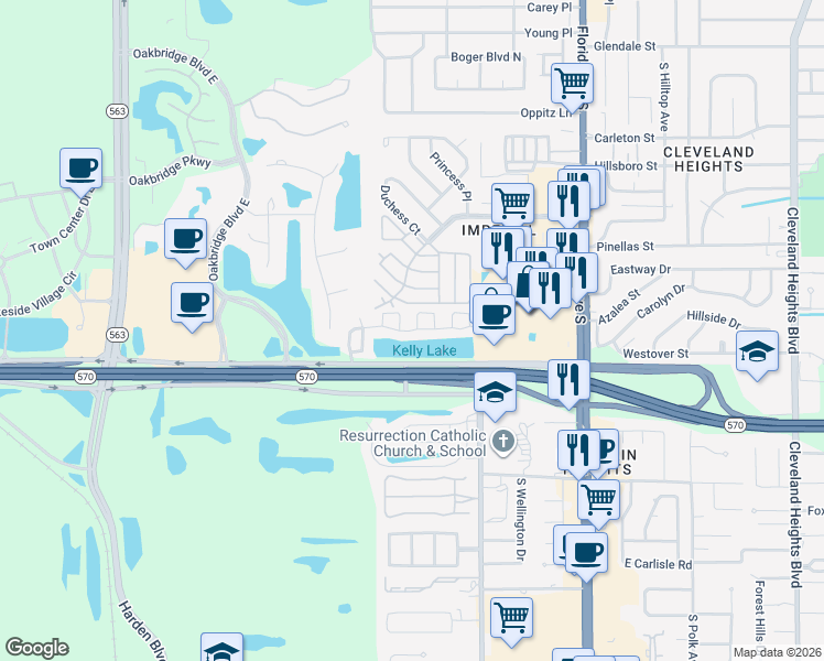 map of restaurants, bars, coffee shops, grocery stores, and more near Caribbean Drive in Lakeland
