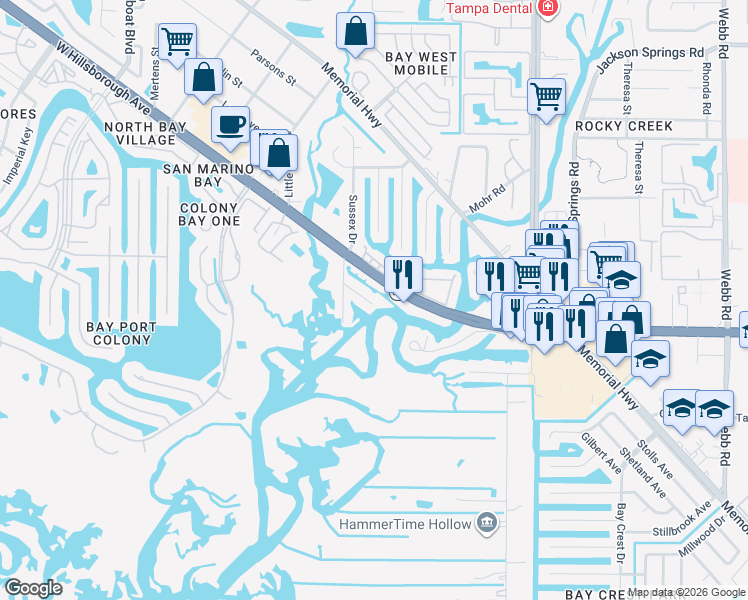map of restaurants, bars, coffee shops, grocery stores, and more near 9103 Brunswick Lane in Tampa