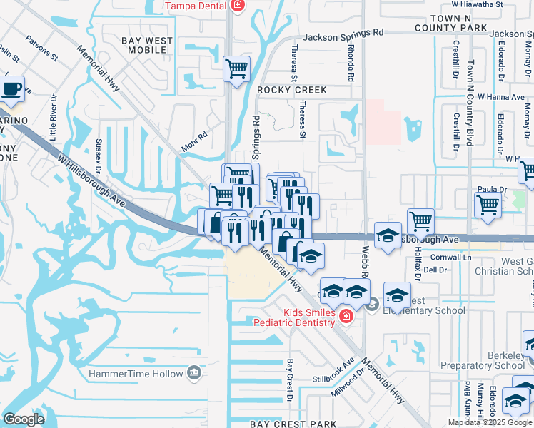 map of restaurants, bars, coffee shops, grocery stores, and more near 8623 West Hillsborough Avenue in Town 'n' Country