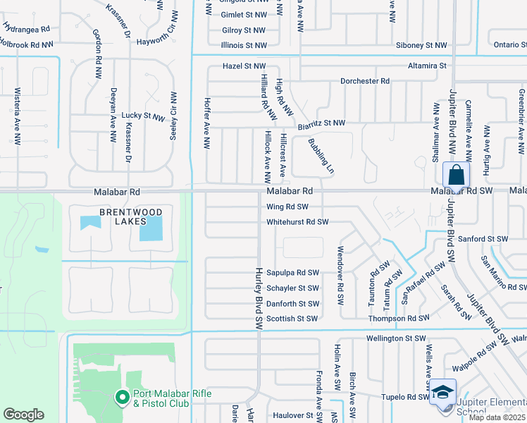 map of restaurants, bars, coffee shops, grocery stores, and more near 1303 Whitehurst Road Southwest in Palm Bay
