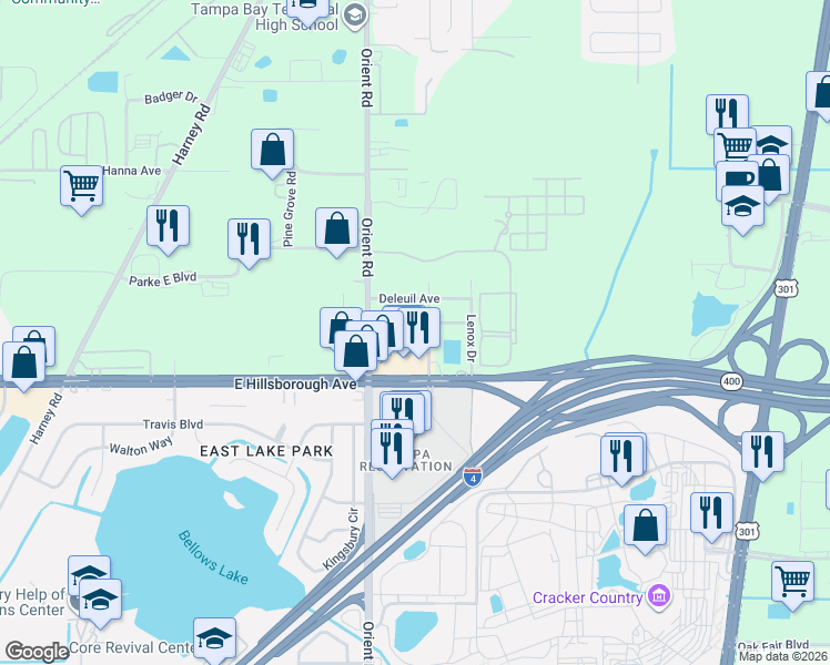 map of restaurants, bars, coffee shops, grocery stores, and more near 7422 East Mohawk Avenue in Tampa