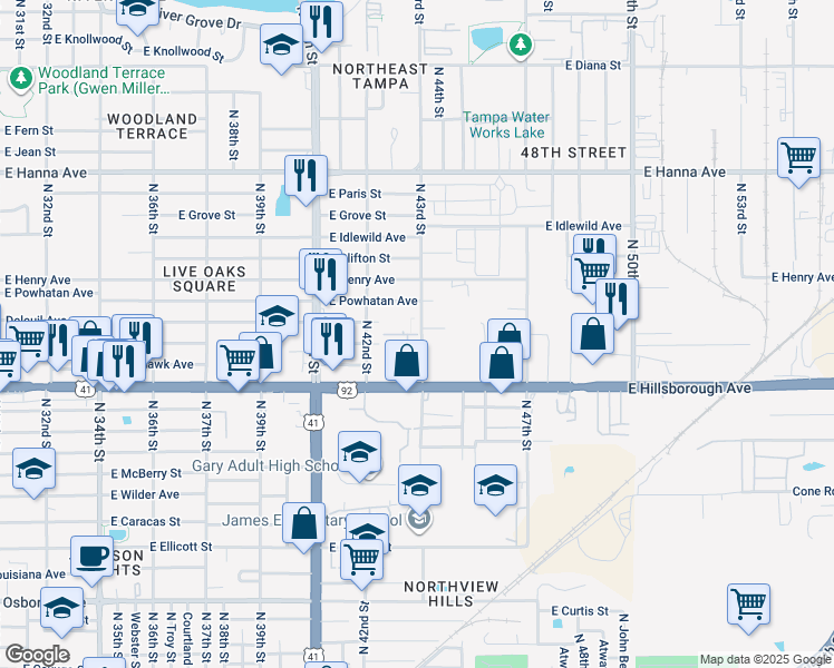 map of restaurants, bars, coffee shops, grocery stores, and more near 5502 North 43rd Street in Tampa