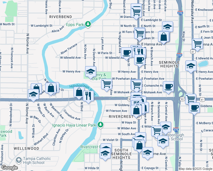 map of restaurants, bars, coffee shops, grocery stores, and more near 306 West Comanche Avenue in Tampa