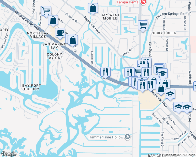 map of restaurants, bars, coffee shops, grocery stores, and more near 9103 Brunswick Lane in Tampa