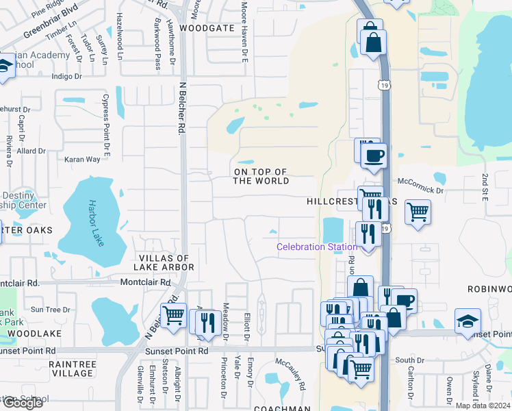 map of restaurants, bars, coffee shops, grocery stores, and more near 2428 Columbia Drive in Clearwater