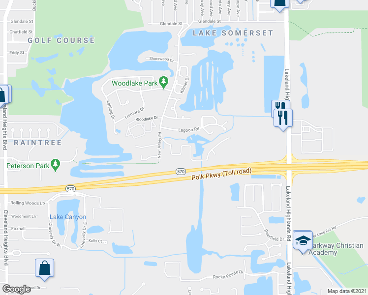 map of restaurants, bars, coffee shops, grocery stores, and more near 1603 Turtle Rock Court in Lakeland