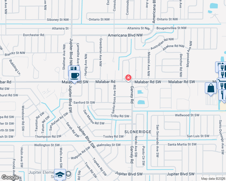 map of restaurants, bars, coffee shops, grocery stores, and more near 150 Santa Rosa Avenue Southwest in Palm Bay