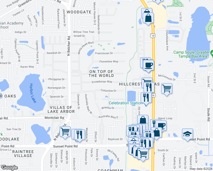 map of restaurants, bars, coffee shops, grocery stores, and more near 2428 Columbia Drive in Clearwater
