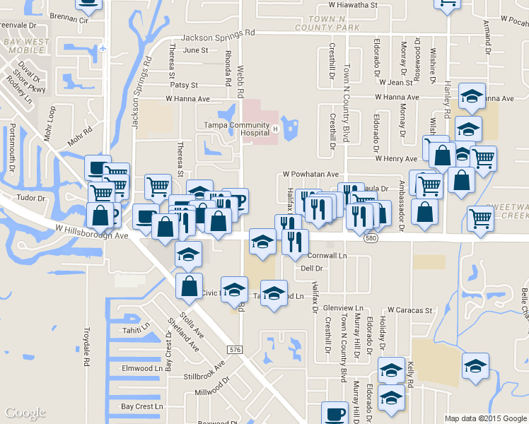 map of restaurants, bars, coffee shops, grocery stores, and more near 8203 West Hillsborough Avenue in Tampa