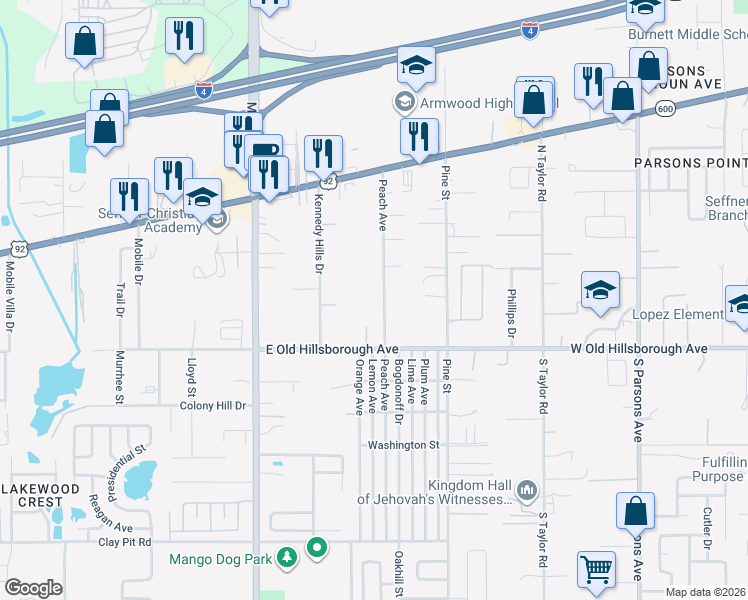 map of restaurants, bars, coffee shops, grocery stores, and more near 5418 Peach Avenue in Seffner