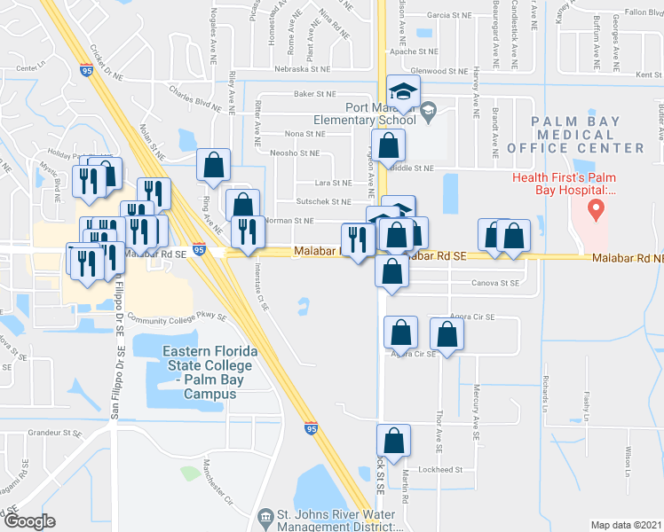 map of restaurants, bars, coffee shops, grocery stores, and more near 1260 Malabar Road Southeast in Palm Bay