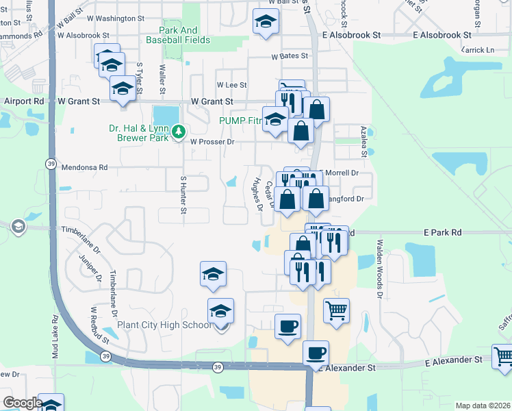 map of restaurants, bars, coffee shops, grocery stores, and more near 1707 Hughes Drive in Plant City