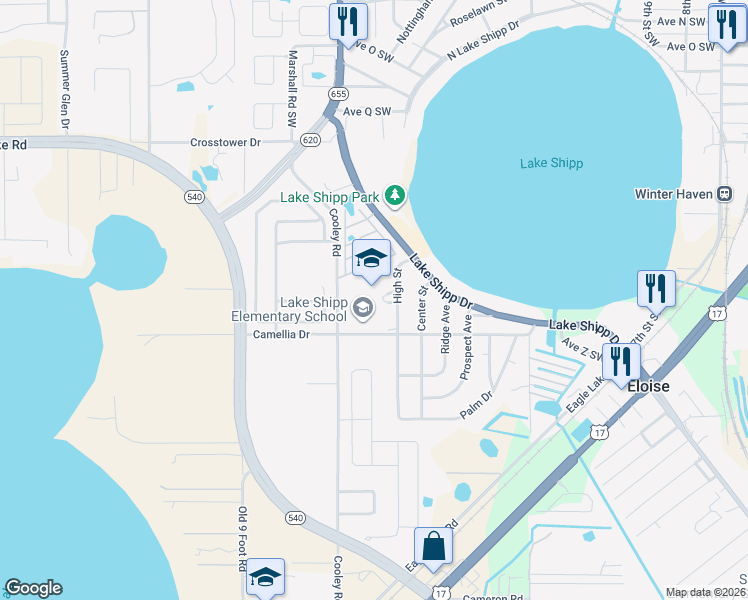 map of restaurants, bars, coffee shops, grocery stores, and more near 250 Camellia Drive Southwest in Winter Haven