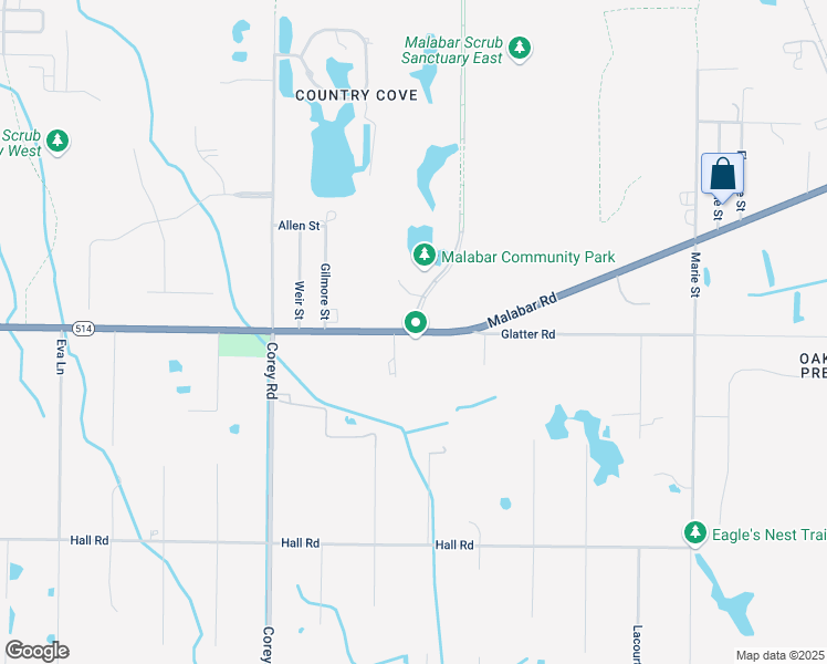 map of restaurants, bars, coffee shops, grocery stores, and more near Malabar Rd & Malabar Woods Blvd in Malabar
