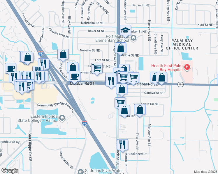 map of restaurants, bars, coffee shops, grocery stores, and more near 1270 Malabar Road in Palm Bay