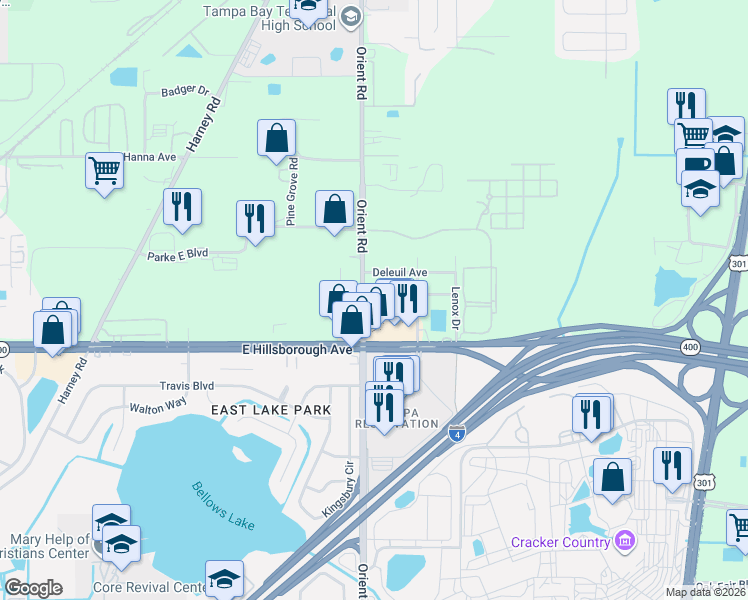 map of restaurants, bars, coffee shops, grocery stores, and more near 7406 East Mohawk Avenue in Tampa
