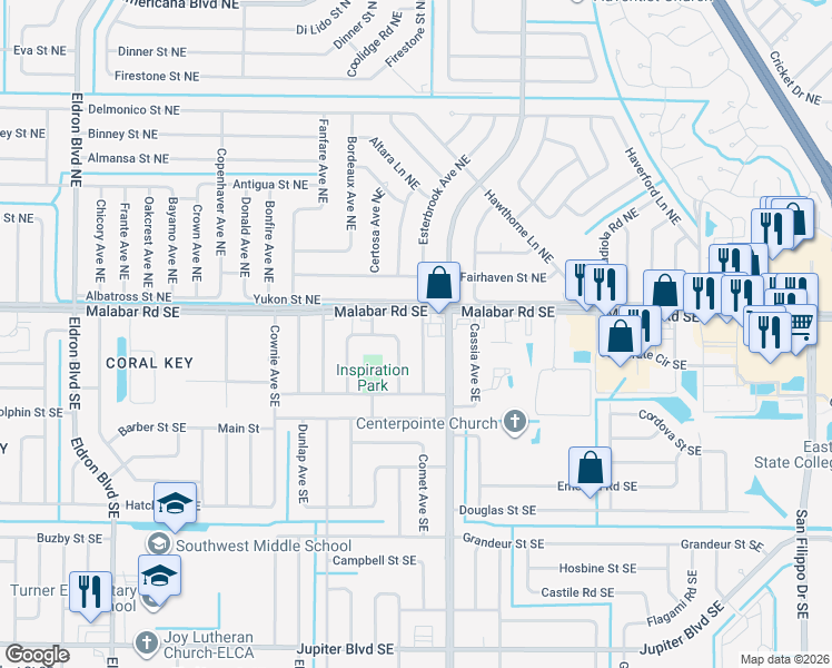map of restaurants, bars, coffee shops, grocery stores, and more near 115 Irvine Avenue Southeast in Palm Bay