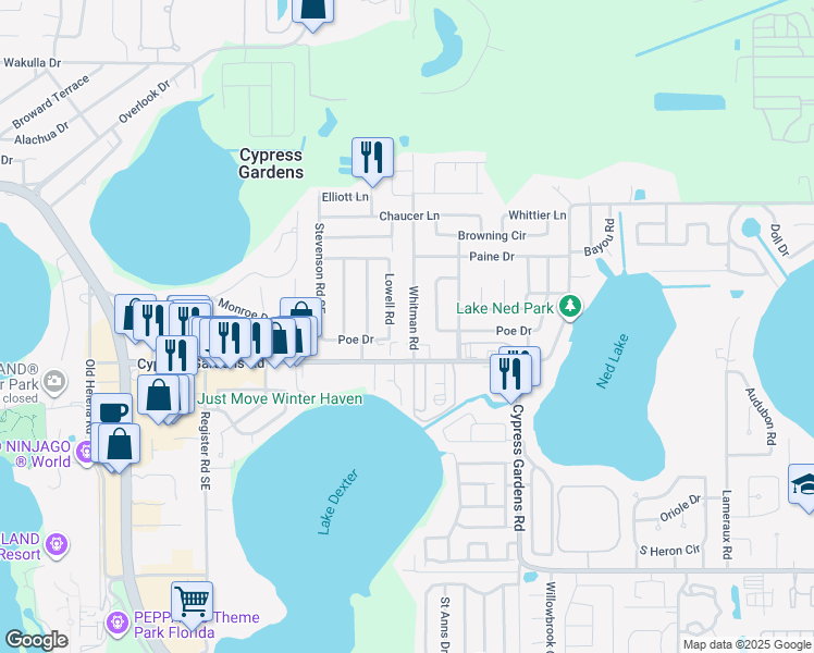 map of restaurants, bars, coffee shops, grocery stores, and more near 129 Whitman Road in Winter Haven