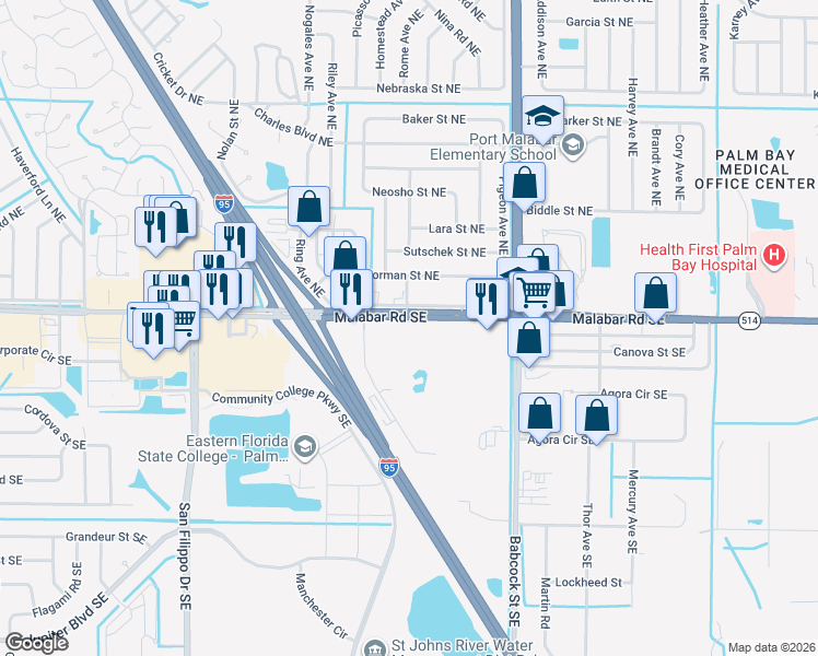 map of restaurants, bars, coffee shops, grocery stores, and more near 1202 Malabar Road Northeast in Palm Bay
