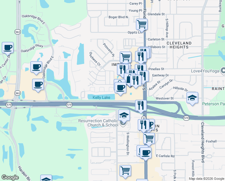 map of restaurants, bars, coffee shops, grocery stores, and more near 452 Caribbean Drive in Lakeland