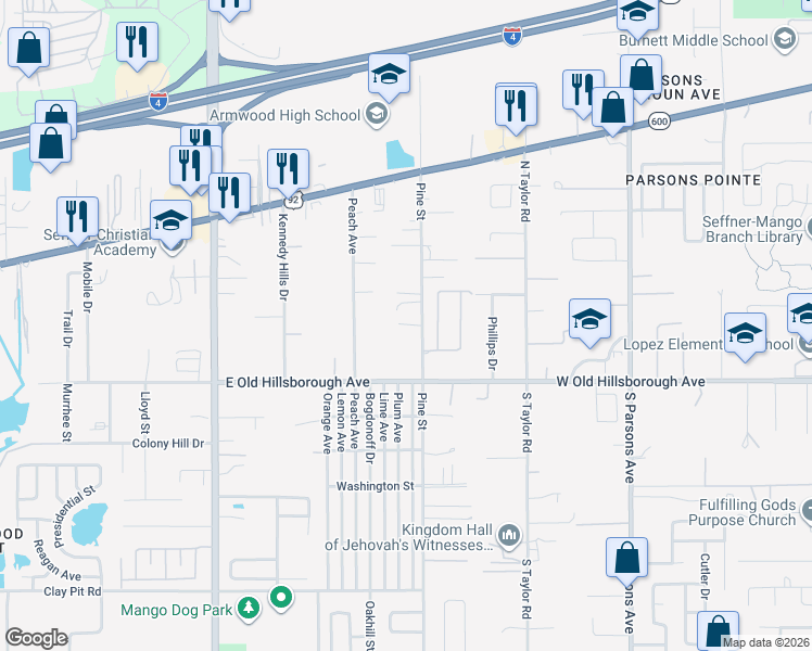 map of restaurants, bars, coffee shops, grocery stores, and more near 12008 Homerville Lane in Seffner