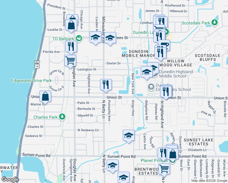 map of restaurants, bars, coffee shops, grocery stores, and more near 654 Union Street in Dunedin