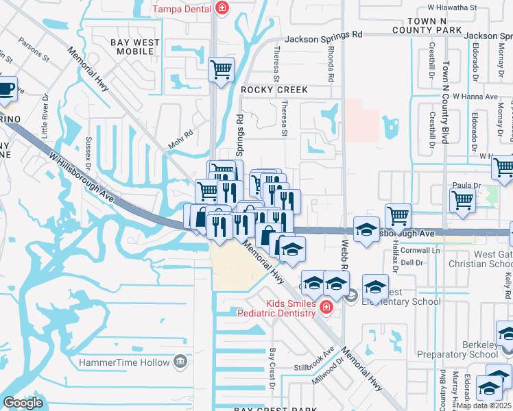 map of restaurants, bars, coffee shops, grocery stores, and more near 8623 West Hillsborough Avenue in Town 'n' Country