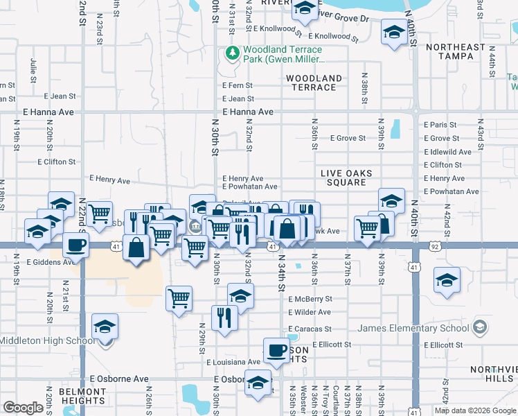 map of restaurants, bars, coffee shops, grocery stores, and more near 3207 Deleuil Avenue in Tampa
