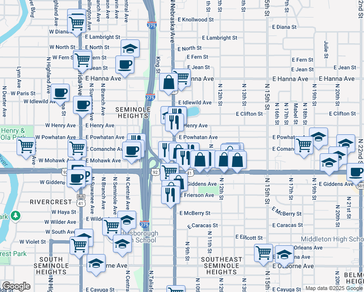 map of restaurants, bars, coffee shops, grocery stores, and more near 5509 North Nebraska Avenue in Tampa