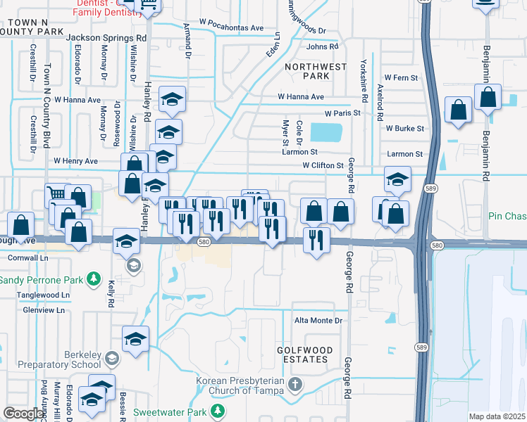 map of restaurants, bars, coffee shops, grocery stores, and more near 5420 Daniels Road in Tampa