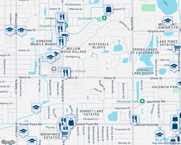 map of restaurants, bars, coffee shops, grocery stores, and more near 1018 Ibis Court in Dunedin
