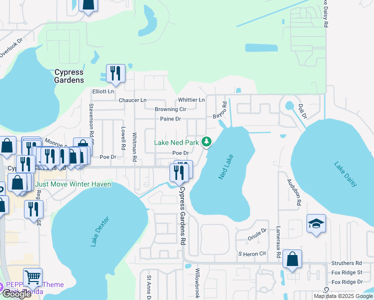 map of restaurants, bars, coffee shops, grocery stores, and more near 141 Poe Drive in Winter Haven