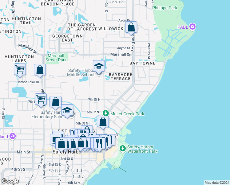 map of restaurants, bars, coffee shops, grocery stores, and more near 1025 Philippe Parkway in Safety Harbor