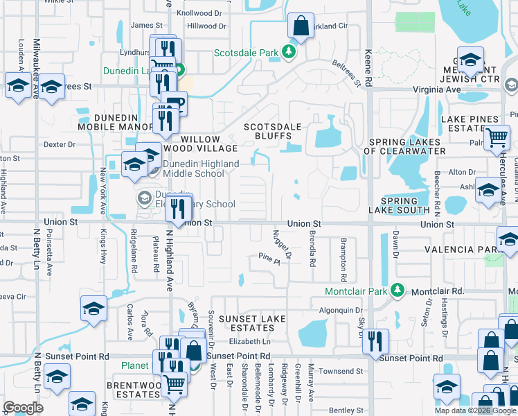 map of restaurants, bars, coffee shops, grocery stores, and more near 1018 Osprey Court in Dunedin