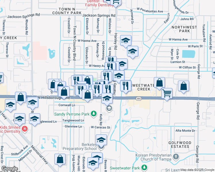 map of restaurants, bars, coffee shops, grocery stores, and more near 7575 West Hillsborough Avenue in Tampa