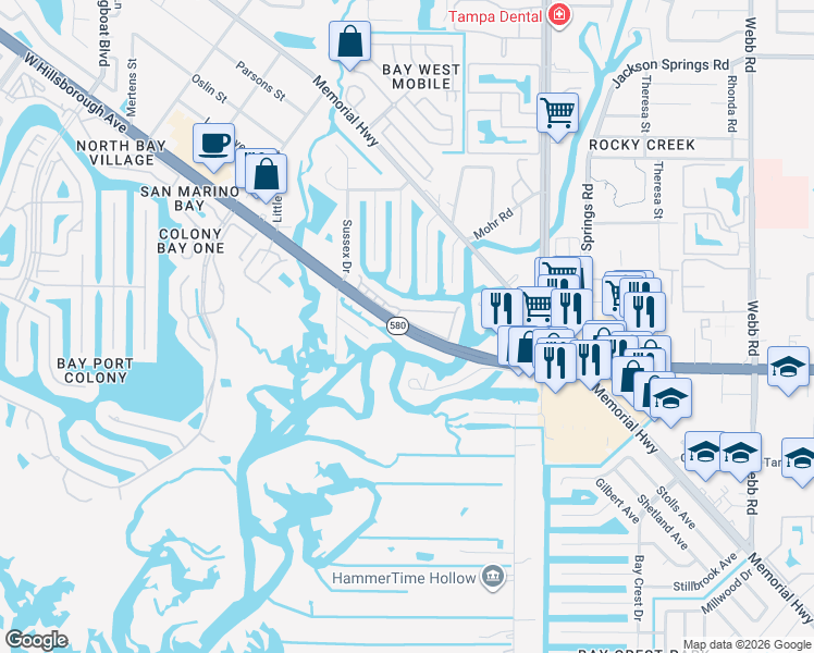 map of restaurants, bars, coffee shops, grocery stores, and more near West Hillsborough Avenue in Tampa