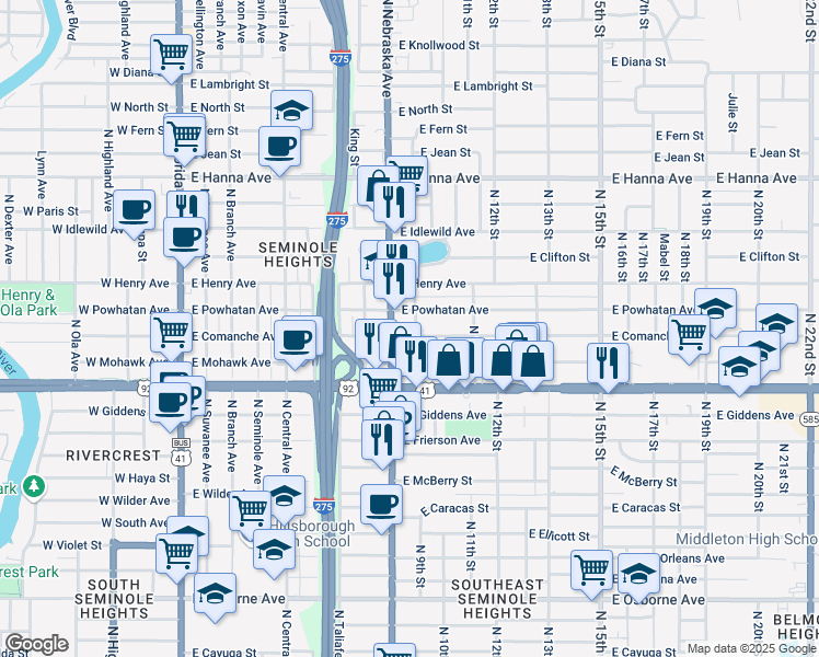 map of restaurants, bars, coffee shops, grocery stores, and more near 5509 North Nebraska Avenue in Tampa