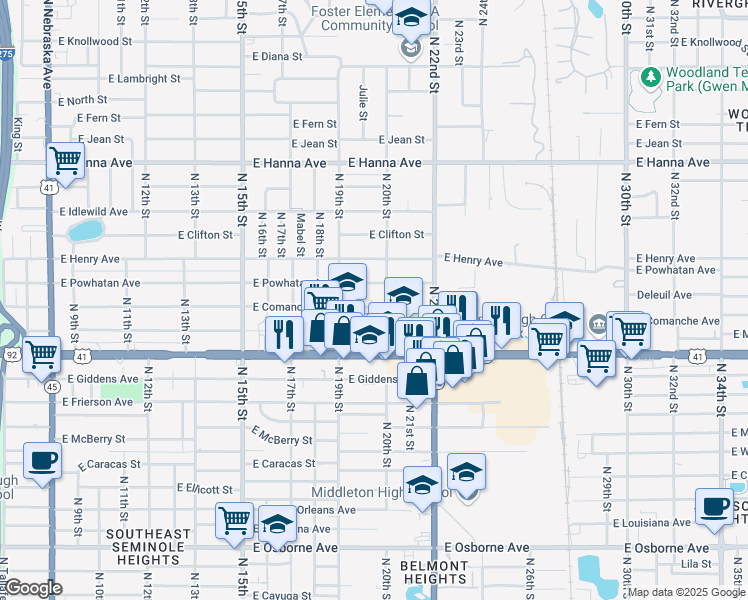 map of restaurants, bars, coffee shops, grocery stores, and more near 1924 East Comanche Avenue in Tampa