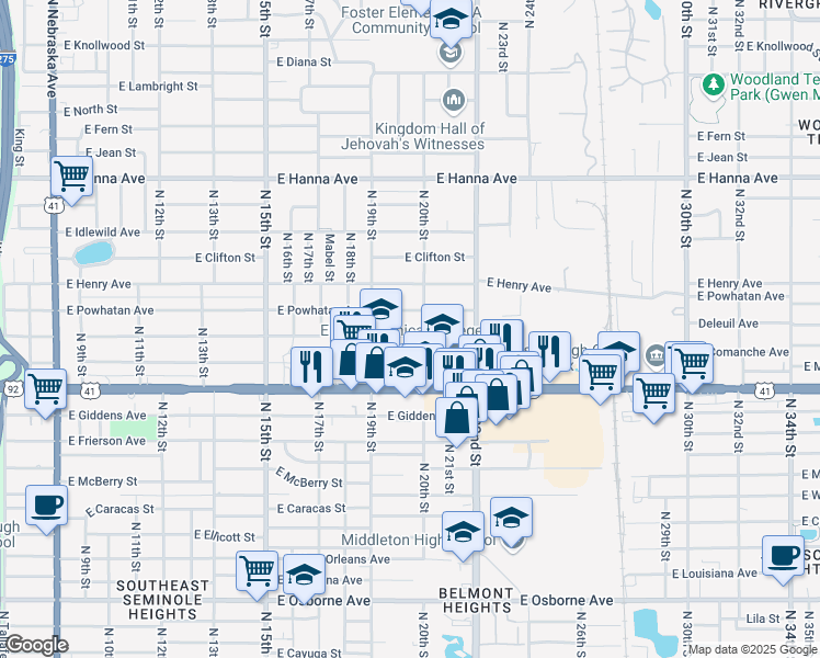 map of restaurants, bars, coffee shops, grocery stores, and more near 1924 East Comanche Avenue in Tampa