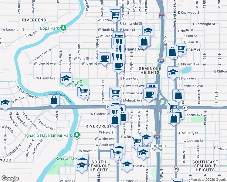 map of restaurants, bars, coffee shops, grocery stores, and more near 105 West Comanche Avenue in Tampa