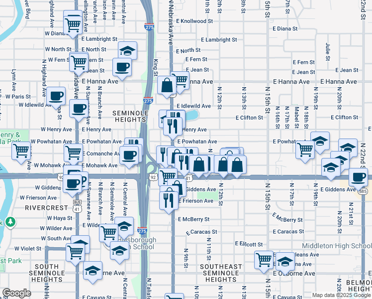 map of restaurants, bars, coffee shops, grocery stores, and more near 5605 North 9th Street in Tampa