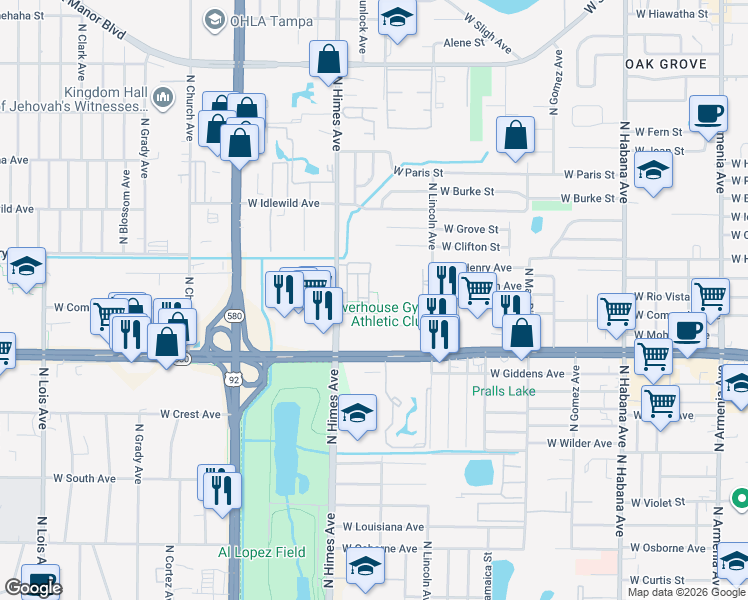 map of restaurants, bars, coffee shops, grocery stores, and more near 3405 Waterloo Court in Tampa